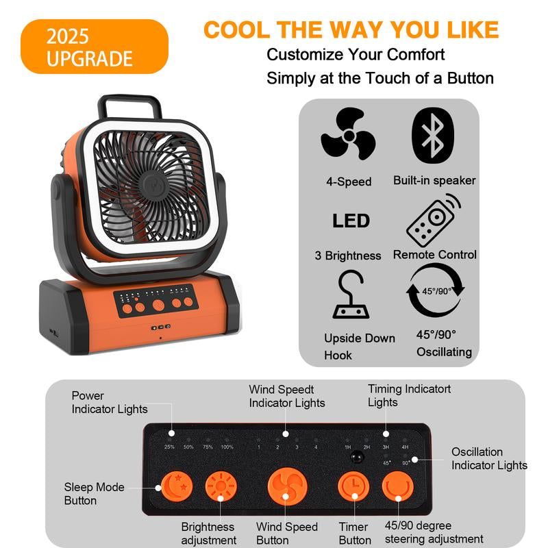 Portable Camping Fan Rechargeable, 30000Mah Battery Operated Fan with Bluetooth Speaker, LED Lantern & USB-C, Quiet Oscillating Tent Fan for Outdoors, Travel, Home, Office, Beach, Fishing, Hurricane Gear Multifunction Light