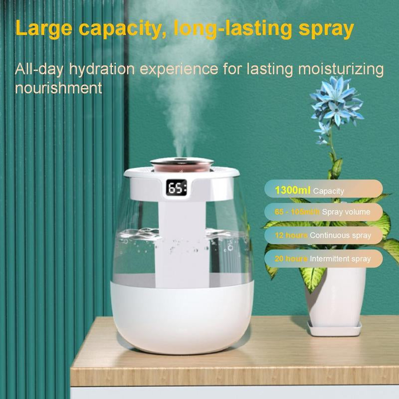 Large Capacity Dual-Spray Humidifier, USB Powered Humidifier with Warm Night Light & Humidity Display, Suitable for Home, Office, Dormitory, Mist Fan