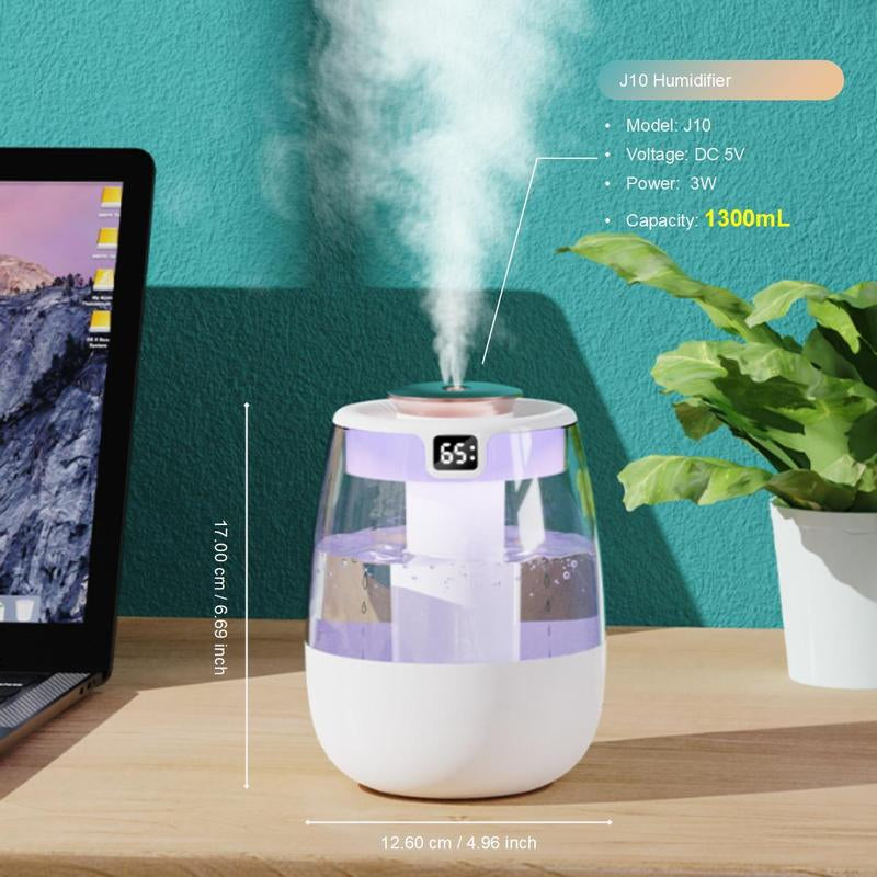 Large Capacity Dual-Spray Humidifier, USB Powered Humidifier with Warm Night Light & Humidity Display, Suitable for Home, Office, Dormitory, Mist Fan