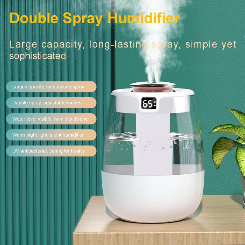Large Capacity Dual-Spray Humidifier, USB Powered Humidifier with Warm Night Light & Humidity Display, Suitable for Home, Office, Dormitory, Mist Fan