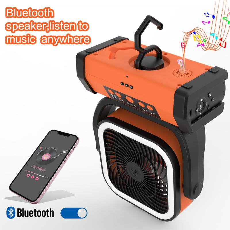 Portable Camping Fan Rechargeable, 30000Mah Battery Operated Fan with Bluetooth Speaker, LED Lantern & USB-C, Quiet Oscillating Tent Fan for Outdoors, Travel, Home, Office, Beach, Fishing, Hurricane Gear Multifunction Light
